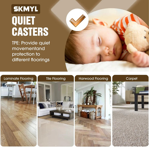Image showing SKMYL quiet casters suitable for laminate, tile, hardwood flooring, and carpet with a sleeping child in the background.