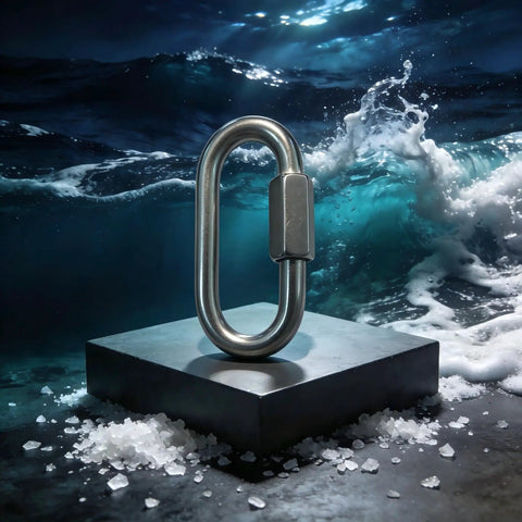 Beefy 5 Pack M6 Quick Link Set - 316 Stainless Steel Screw-Lock Oval Chain Connectors, Heavy Duty Marine Grade Saltwater Ready For 1 Eighth Wire Rope, Cable Railing, Boat Rigging, Outdoor Hanging Hardware, shown upright on water