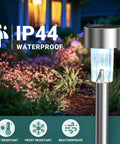 12 Pack Outdoor Solar Lights Stainless Steel Garden Pathway Lights Waterproof For Patio Lawn Yard And Landscape With Integrated Lamp Head Dope Cool White 7000K LEDs showcasing IP44 protection.