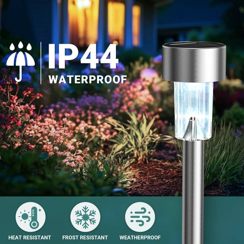 12 Pack Outdoor Solar Lights Stainless Steel Garden Pathway Lights Waterproof For Patio Lawn Yard And Landscape With Integrated Lamp Head Dope Cool White 7000K LEDs showcasing IP44 protection.