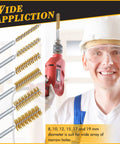 12 Piece Bore Brush Set For Drill With Stainless Steel And Brass Brushes, One Quarter Inch Hex Shanks shown with man holding drill
