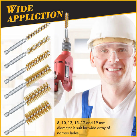 12 Piece Bore Brush Set For Drill With Stainless Steel And Brass Brushes, One Quarter Inch Hex Shanks shown with man holding drill