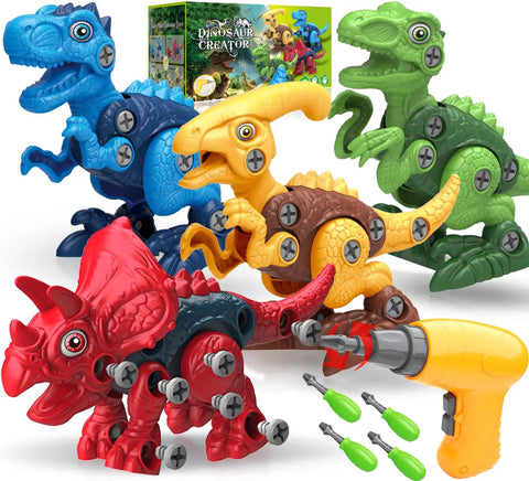 Take Apart Dinosaur Building Kit With Electric Drill For Kids 4 Pack Dinos STEM Educational Construction Toys For Ages 3 4 5 6 7 Tyrannosaurus Rex Included Perfect Birthday Gift featuring colorful dinos and tools