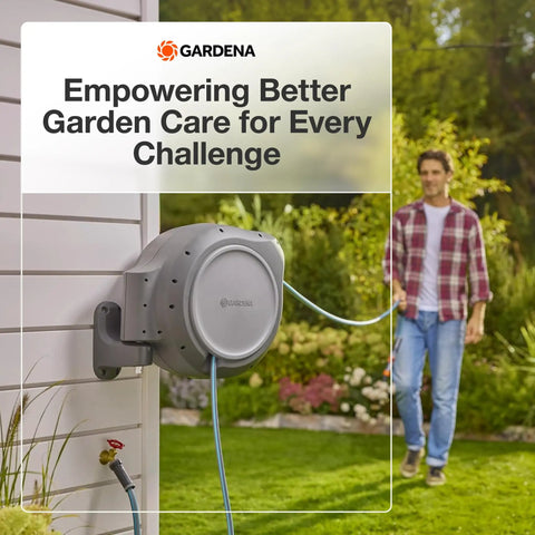 Auto Retracting Garden Hose Reel With 100 Feet Of Flexible Hose, 180 Degree Swivel Wall Mount in garden setting