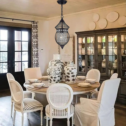 Dining room with Black Globe Crystal Pendant Chandelier For Farmhouse Lighting 1 Light Dope Modern Rustic Ceiling Fixture