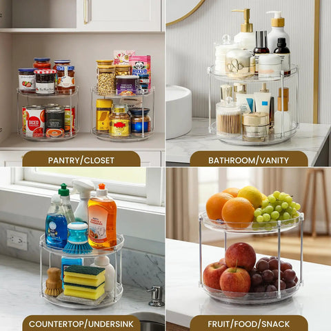 Two Tier Non Skid Acrylic Lazy Susan Turntable Organizer Rotating Spice Rack Spinning Tray For Kitchen Pantry Countertop Closet Bathroom Vanity Medicine Cabinet 9.25 Inch displayed in different home settings.