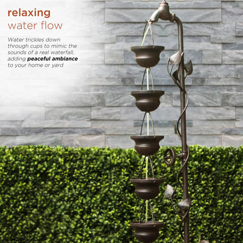 Outdoor Floor Tiered Vintage Water Fountain With 6 Hanging Cups And Soothing Tier Waterfall For Patio Or Garden, 38 Inch Bronze