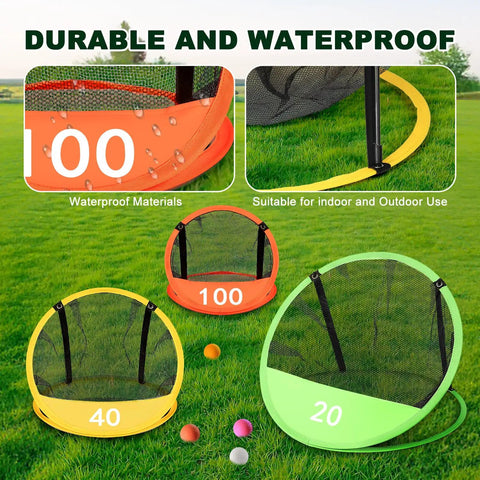 3-In-1 Golf Chipping Net Set with Pop-Up Practice Nets and Three Target Panels for Indoor and Outdoor Backyard Training.