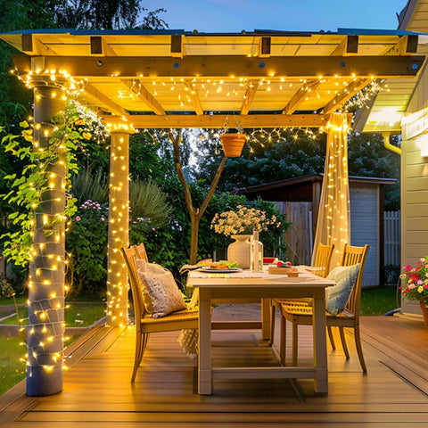 200 LED String Lights 66 Ft Connectable Warm White Cozy Glow Christmas Fairy Lights adorning outdoor patio pergola.