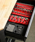 Pro Grade Chrome Vanadium Socket Accessory Set With Universal Joints, Extensions And Adapters For 1/4, 3/8, And 1/2 Inch Drives in a drawer