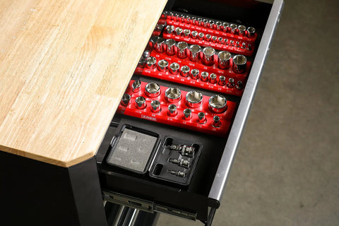 Pro Grade Chrome Vanadium Socket Accessory Set With Universal Joints, Extensions And Adapters For 1/4, 3/8, And 1/2 Inch Drives in a drawer