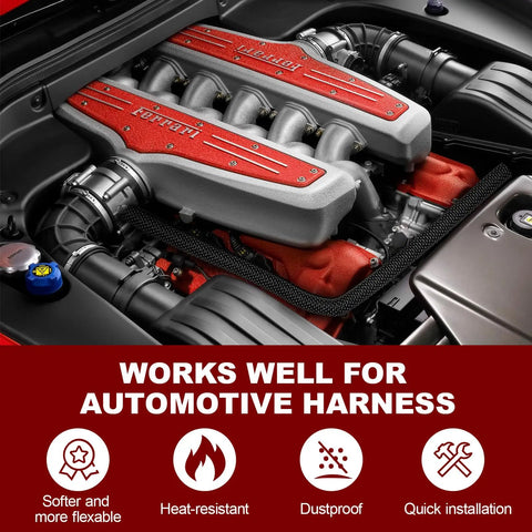 Pro Grade High Temp Braided Wire Loom For Cars And Trucks, visible on car engine, heat resistant sleeve for wires.