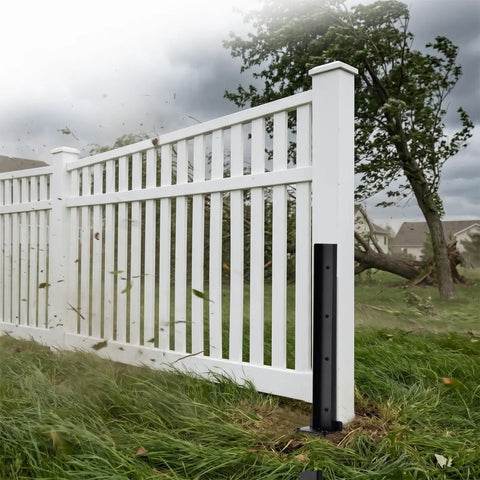 Heavy Duty H Frame Fence Post Stabilizer Kit For Straightening Leaning Wood Fence Posts Without Any Drama While Keeping Residential Yards And Decks Level And Secure Today, black steel bracket on wooden fence post.
