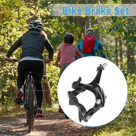 Deadly Smooth Road Bike V Brake Set Featuring Heavy Duty Mechanical Dual Pivot Calipers With Tough Aluminum Alloy Housing For Grip Tight Front And Rear Wheel Control In Sleek Black, displayed near cyclists in the forest.