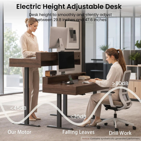 Height Adjustable Electric Standing Desk With Flip Top Hidden Storage And Handleless Drawers Featuring Motion Sensor LED Light For A Clean Workspace That Keeps Your Hustle Tight And Organized, shown in modern office setting.