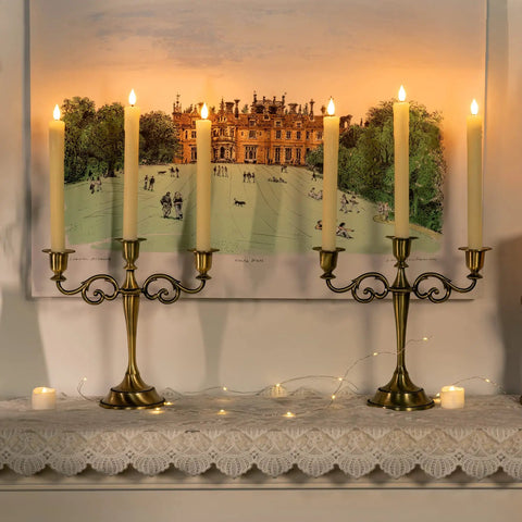 Flameless Taper Candles With Remote And Timer 6 Pack LED Battery Operated Flickering Ivory Candlesticks on mantel display