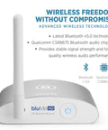 Front view of Long Range Bluetooth 5.3 Music Receiver with Audiophile DAC featuring antenna, power button, and model branding.