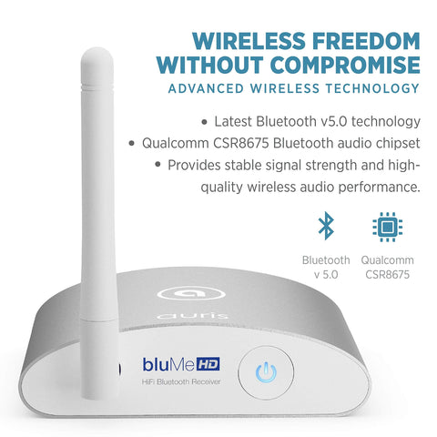 Front view of Long Range Bluetooth 5.3 Music Receiver with Audiophile DAC featuring antenna, power button, and model branding.