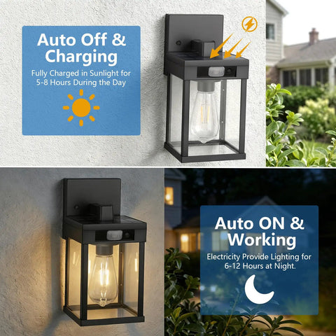 Kickass Solar Wall Lanterns With Hella Bright Motion Sensor And Three Flexible Lighting Modes For Outdoor Patio Runs Wirelessly Plus Storm Ready Build In A Quick Install Two Pack Set mounted on wall with vibrant lighting.