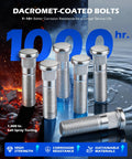 Dacromet-coated bolts with corrosion resistance, showcasing six bolts on fiery and watery background, labeled for strength and sustainability.