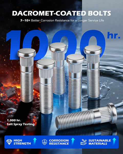 Dacromet-coated bolts with high corrosion resistance, displayed in front of '1000 hr' corrosion test backdrop.