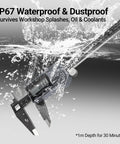 8 Inch Digital Caliper With IP67 Stainless Steel Build showing waterproof feature under splashing water