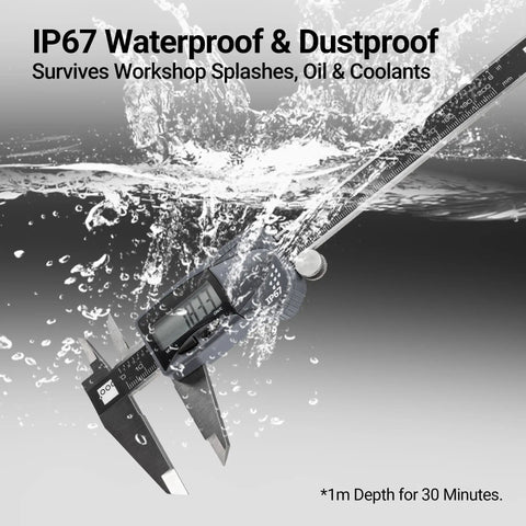 8 Inch Digital Caliper With IP67 Stainless Steel Build showing waterproof feature under splashing water
