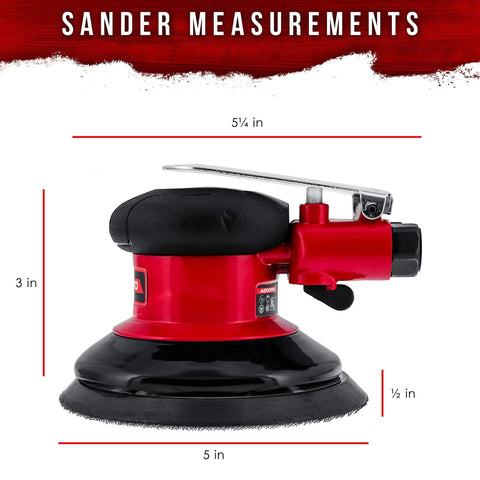 Heavy Duty 5 Inch Dual Action Random Orbit Air Palm Sander With PSA And Hook And Loop Backing Pads dimensions shown