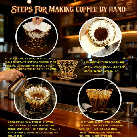 Steps for using Collapsible Outdoor Pour Over Coffee Dripper, Ultra Portable Stainless Steel Reusable Coffee Dripper For Hiking Camping Travel Home And Office, Fits Cake Filter And V60, Lightweight About 0.4 Lbs, Foldable Grab And Go Brew Gear displayed with step-by-step brewing instructions and images