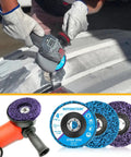 10 Pack 4.5 Inch Strip Discs Stripping Wheel For Angle Grinder With Seven Eighths Inch Arbor in use on metal surface
