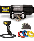 4000 Pound ATV And UTV Winch Kit with mini rocker, full mounting channel, roller fairlead, and wiring kit components