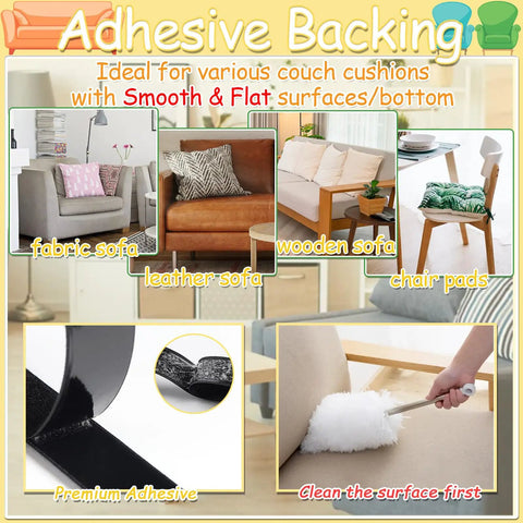 6 Inch Wide Couch Cushion Non Slip Pads With 9.84 Ft Adhesive Hook And Loop Tape Keeps Cushions In Place On Sofas Mattresses Curtains And Rugs For Smooth Surfaces, shown on various sofa types.