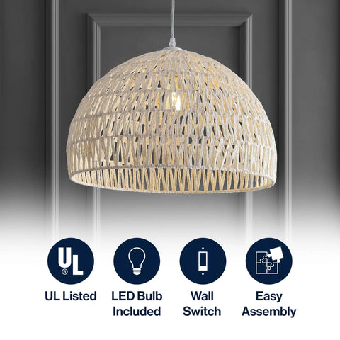 Cream Modern Boho Rope LED Pendant Light Fixture with adjustable dome ceiling lamp for kitchen island, rope shade