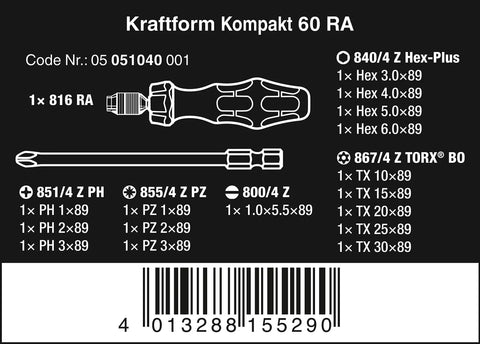 Diagram of Compact 17 Piece Ratchet Bit Set With Rapidaptor Technology For Tight Spots Anti Roll Handle Fine Pitched Teeth Switchover Ring Pro Grade Precision Bits In Handy Pouch For Pros 89 mm Bits And Up To 50 Nm Torque Made In Germany, including bit sizes and types.