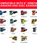 Chart showing compatibility of Premium 6 Inch 80 Grit Gold PSA Sanding Discs Box Of 50 with various 6-inch sanders.