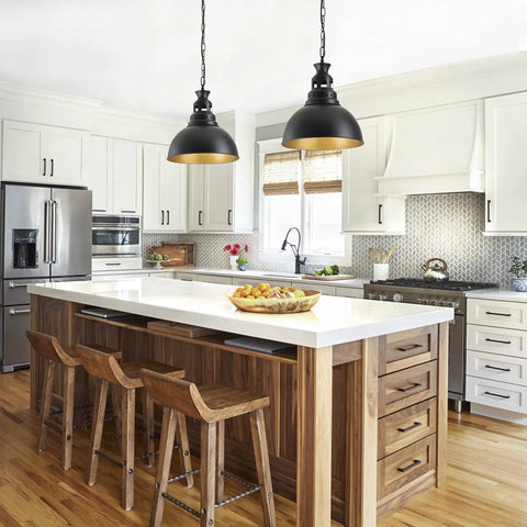 Farmhouse Pendant Light 13.77 Inch Matte Black With Gold Interior Vintage Industrial Ceiling Fixture in a kitchen setting