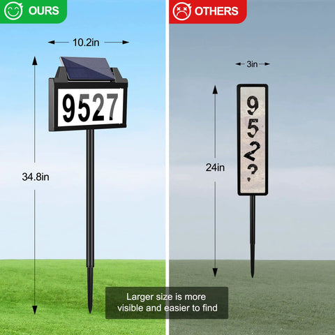 Comparison of Solar Powered Address Sign With LED House Numbers White Warm RGB Illumination, IP65 Waterproof Outdoor Plaque and standard sign