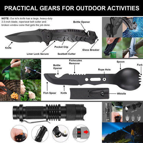 Ultimate Survival First Aid Kit For Men Dads And Adventurers 210 Piece Emergency Gear Set knife, spork, and flashlight tools.