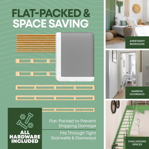 Flat pack display of Queen Size Wood Box Spring Bed Base With Rock Solid Under Mattress Support setup for tight spaces.