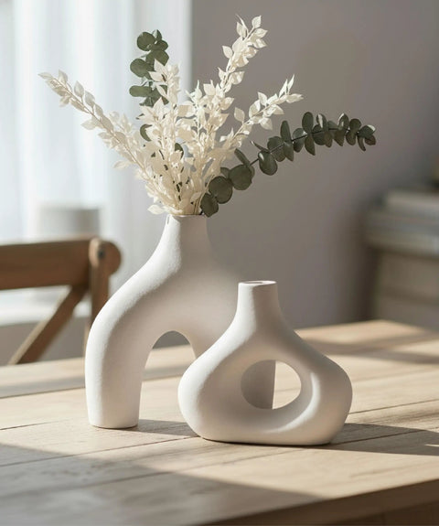 Donut Vase Set Of 2 White Ceramic Vases Large Nordic Minimalist Hollow Centerpieces For Living Room Table Office Wedding Decor Dope Olive Plant Displays Modern Home Entryway Bookshelf