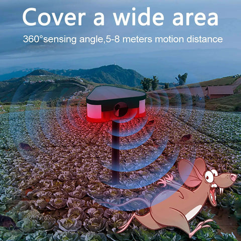 3x129 DB Crazy Loud Sound And Light Alarm With 360 Degree Ultrasonic Motion Sensor in a field with cartoon rat.