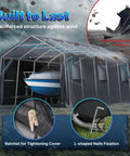13x20 Ft Carport Tent With 2 Roll Up Doors And Vents, All Weather Portable Storage Shelter for boats, gray with boat inside