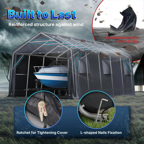 13x20 Ft Carport Tent With 2 Roll Up Doors And Vents, All Weather Portable Storage Shelter for boats, gray with boat inside