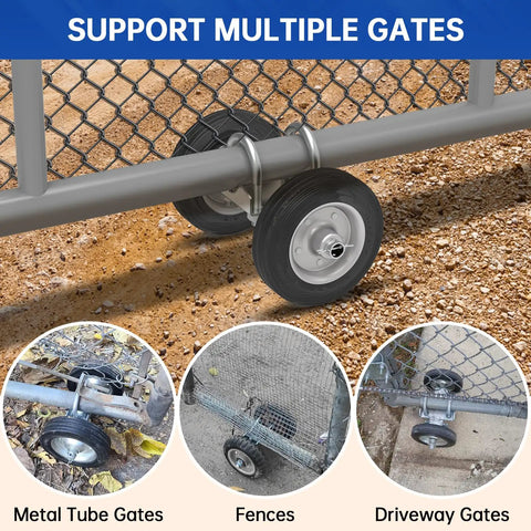 Six Inch Rolling Gate Wheel For Chain Link Fences And Sliding Gates Heavy Duty Steel Wheel With Two Rubber Wheels shown on gravel