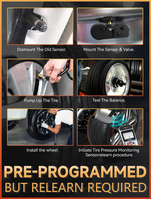 No Sweat 315Mhz Tpms Sensor Set for GM Trucks, installation process showing tire sensor mounting and testing.