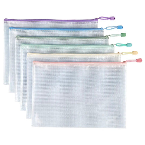 Six Pack Mesh Zipper Pouches Waterproof and Durable Organizer Bags for Board Game Storage, Documents, and Letter A4 Files