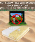 Dual Sand Trap Golf Practice Mat Nails Realistic Bunker Shots With Shallow And Deep Sand Simulations Portable 15.7 By 11.8 Inches Indoor Outdoor Chipping Mat next to screen with simulator warning