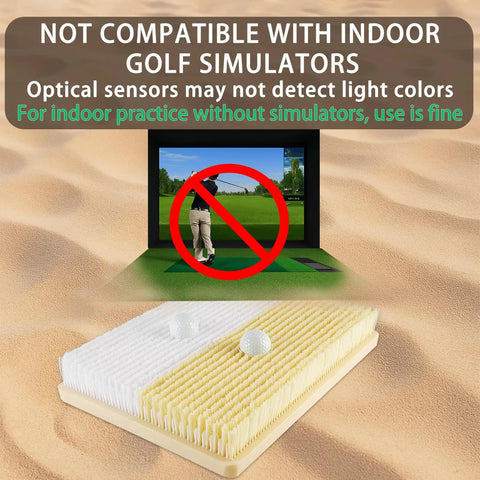 Dual Sand Trap Golf Practice Mat Nails Realistic Bunker Shots With Shallow And Deep Sand Simulations Portable 15.7 By 11.8 Inches Indoor Outdoor Chipping Mat next to screen with simulator warning