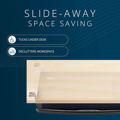 Slick Under Desk Keyboard Tray With Smooth Roll Slide Out Drawer Plus No Sweat Height Adjustments For Serious Typing Comfort And Built In Cable Clutter Control And Roomy Surface For Mice And Large Keyboards, showing slide-away design.
