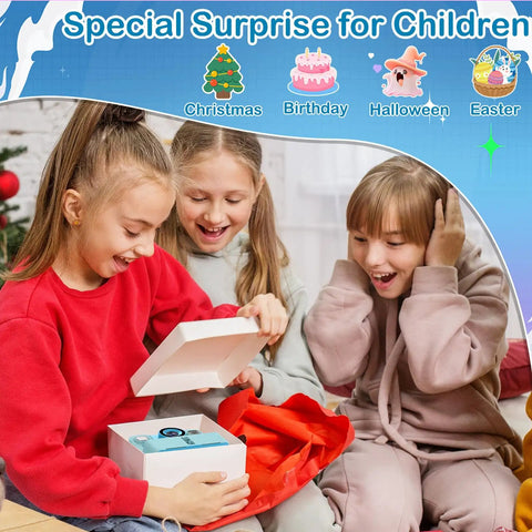 Instant Print Camera For Kids 3 To 12 Blue Inkless Selfie Toy With Printing Paper And 5 Colored Pens Great For DIY Photo Crafts Scrapbooks And Kid Friendly Gift, kids opening gift box